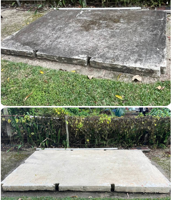 Stained concrete slab before and clean after pressure washing